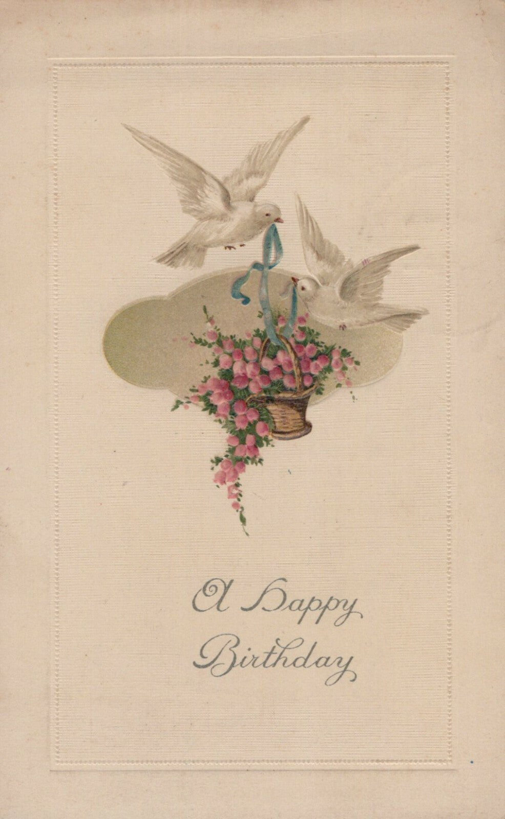  Two White Doves Carry Basket of Pink Flowers Bird Animal Birthday Postcard  954