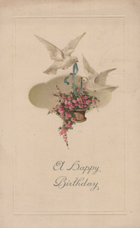  Two White Doves Carry Basket of Pink Flowers Bird Animal Birthday Postcard  954