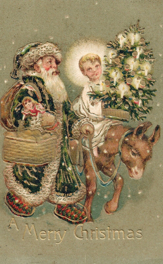 A Merry Christmas Santa Walking Donkey & Angel with Tree Vintage Santa Postcard