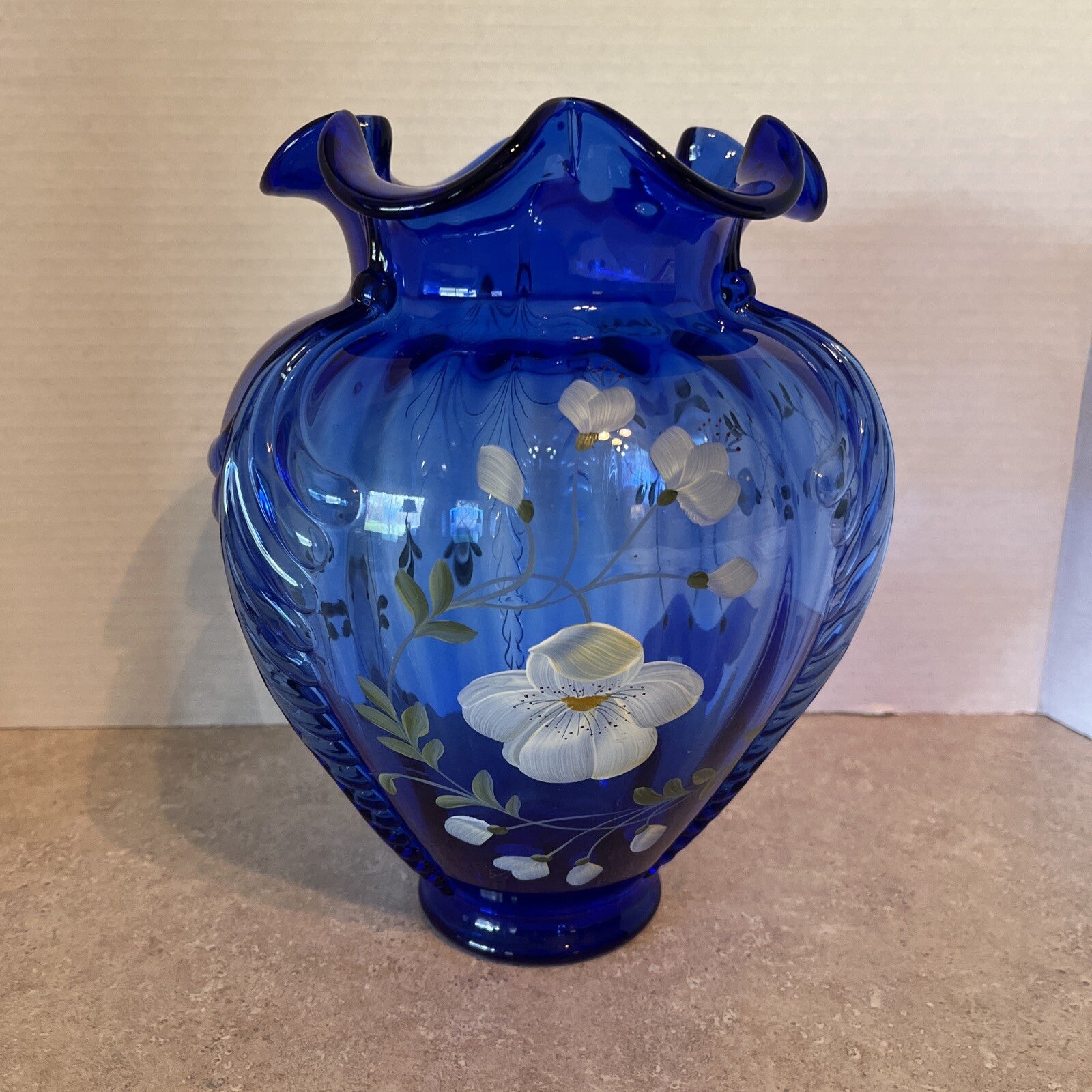 Fenton Glass Cobalt Blue Feathered Belly Vase Signed Shelly Fenton Hand Painted