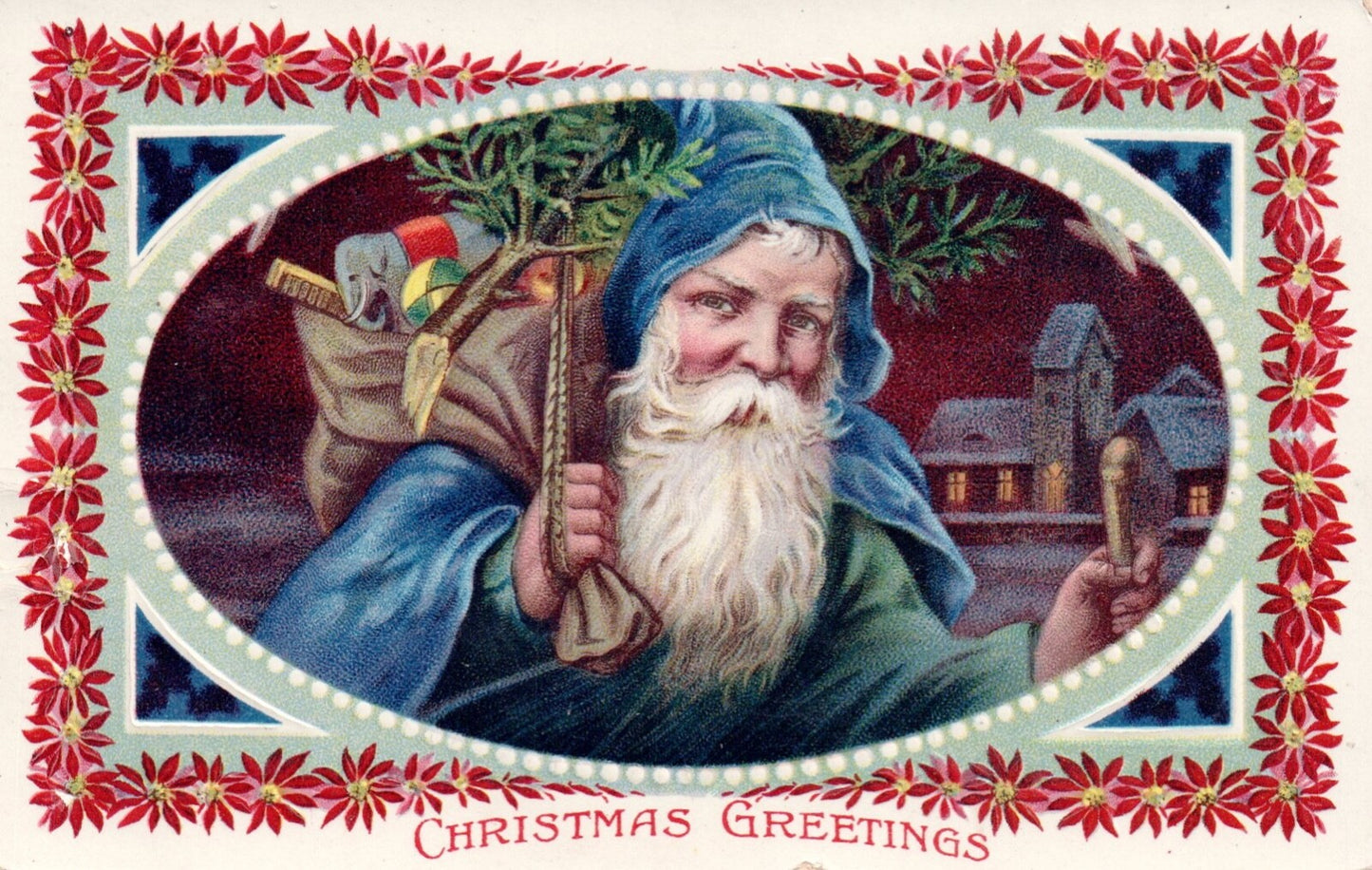 Christmas Greetings Blue Robe Santa With Toys For Kids Vintage Santa Postcard