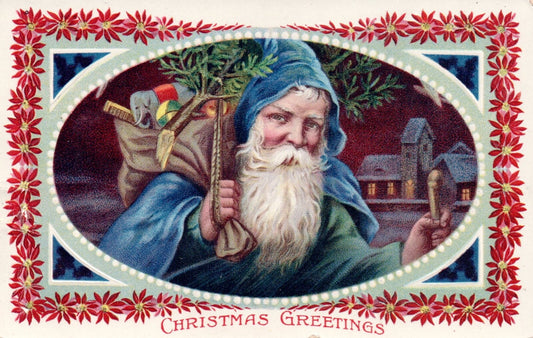 Christmas Greetings Blue Robe Santa With Toys For Kids Vintage Santa Postcard