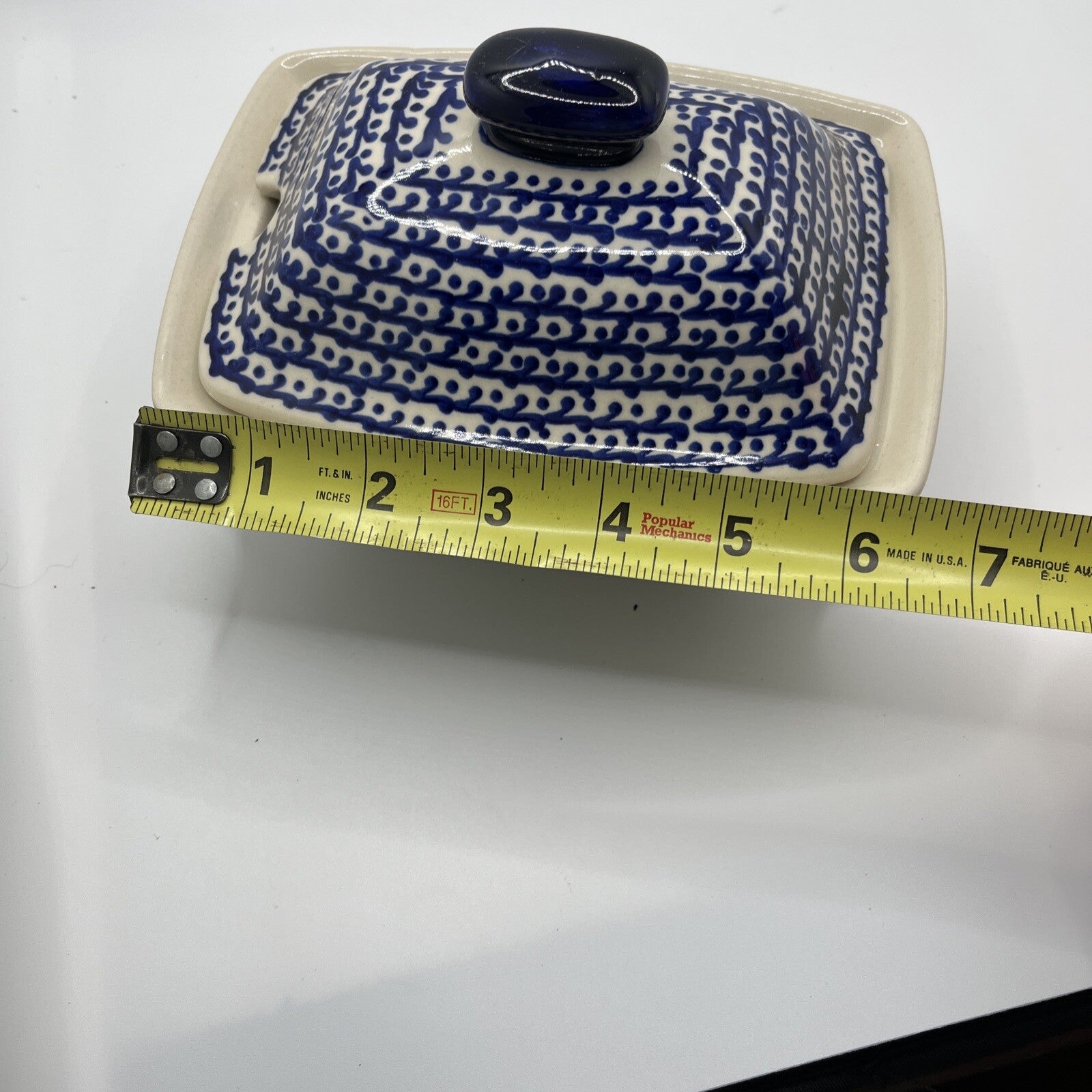 Boleslawiec Polish Pottery Covered Dish w/Spoon Slot 6.75" Yellow/Blue No Spoon