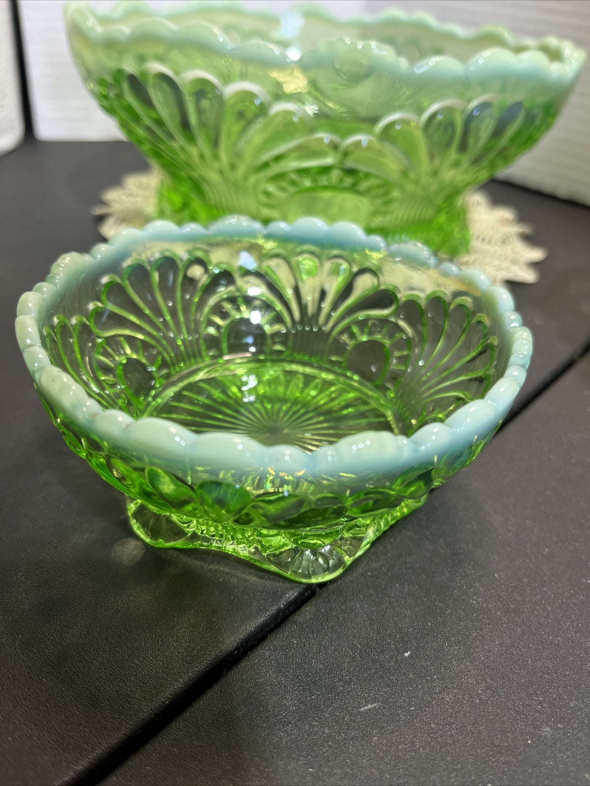 Antique Jefferson Glass 1907 Tokyo Green Opalescent Large, Med & 5 Small Bowls