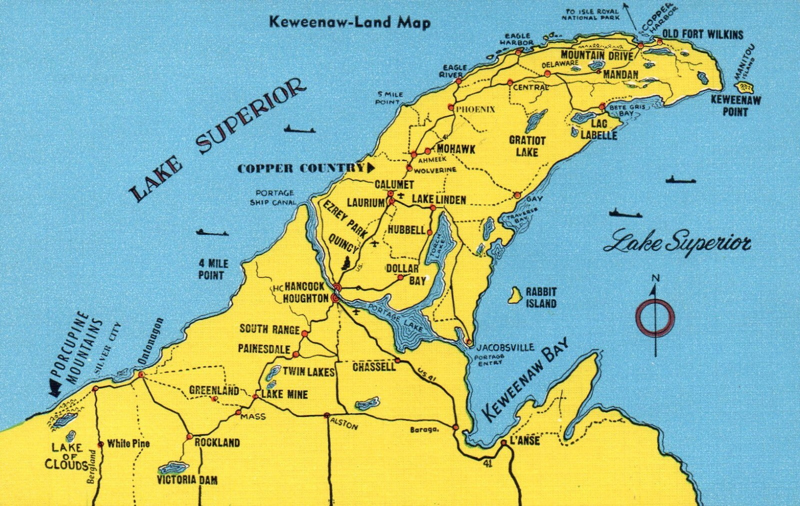 Copper Country Keweenaw County Upper Peninsula Michigan MI Postcard Map