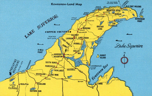 Copper Country Keweenaw County Upper Peninsula Michigan MI Postcard Map