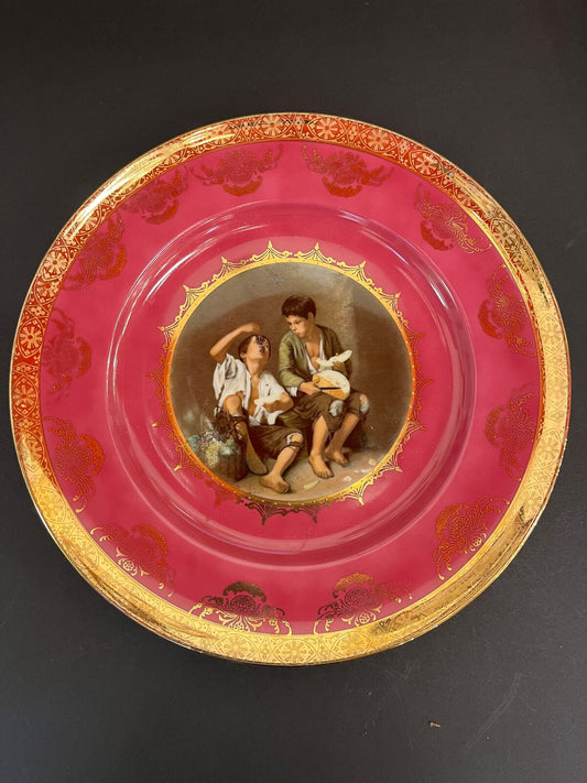 Vintage Bavaria Pink Decorative Plate with Gold Trim - Two Boys Eating 
