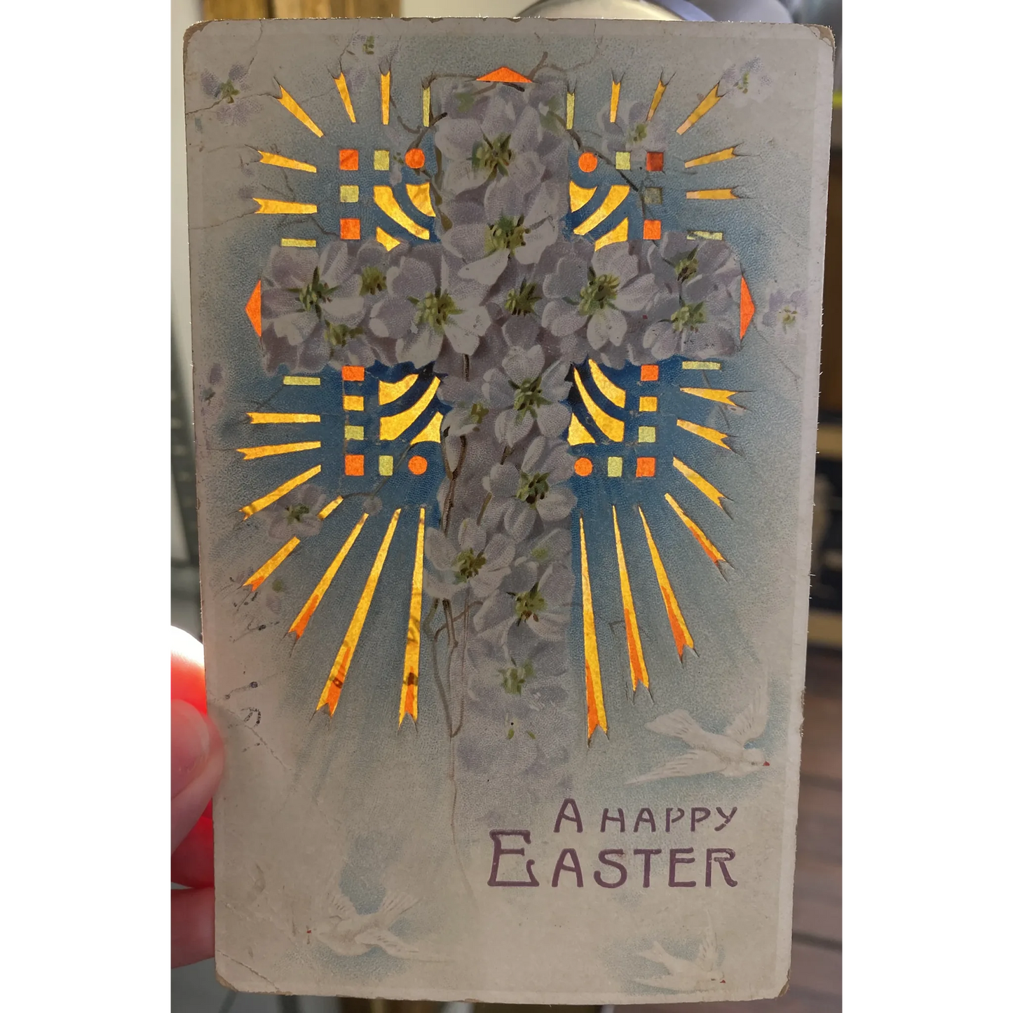 A Happy Easter Cross with Flowers Hold To the Light Vintage Easter HTL Postcard