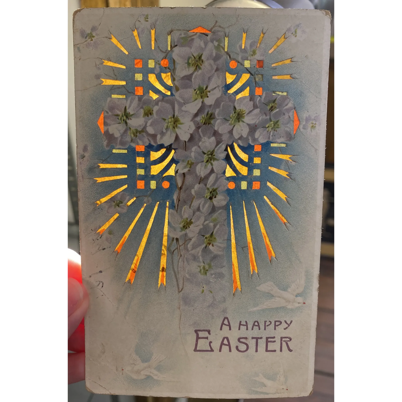 A Happy Easter Cross with Flowers Hold To the Light Vintage Easter HTL Postcard