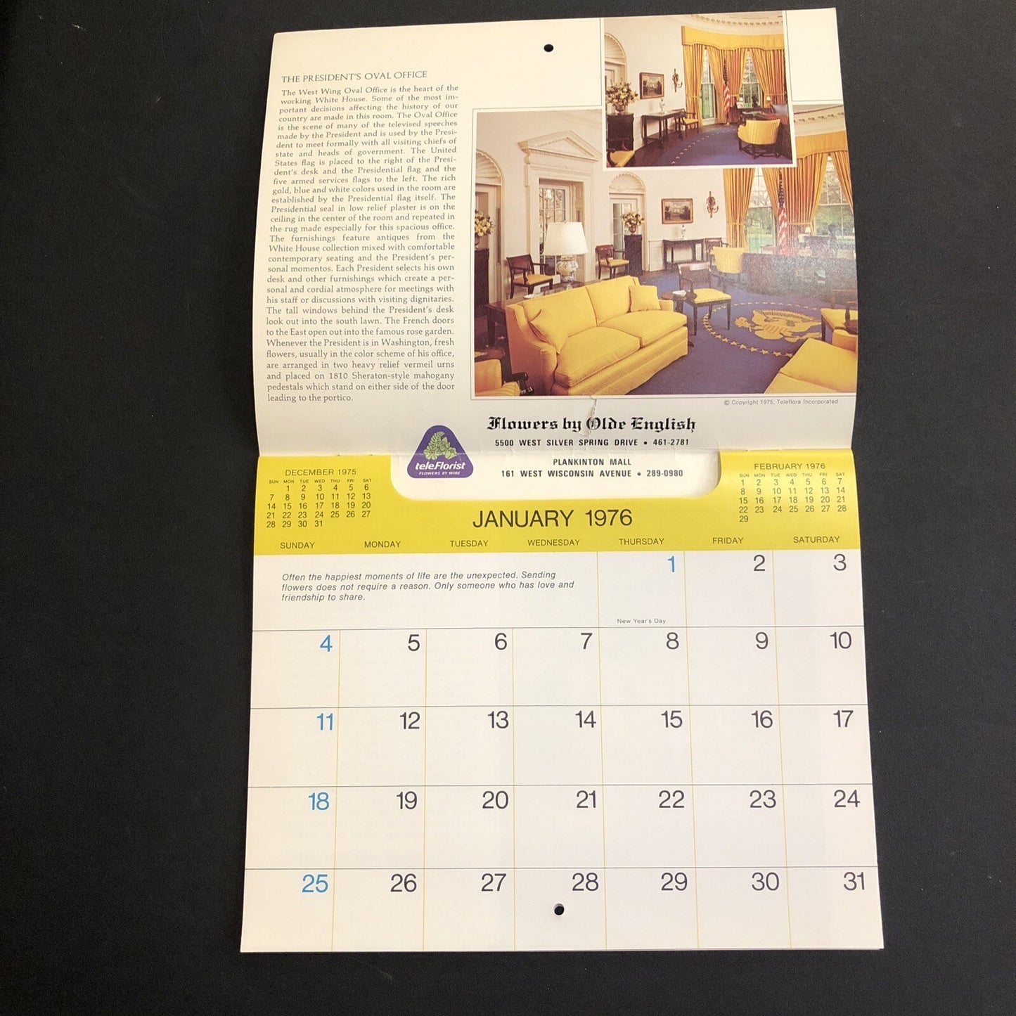 1976 Flowers by Olde English White House Bicentennial Advertising Calendar