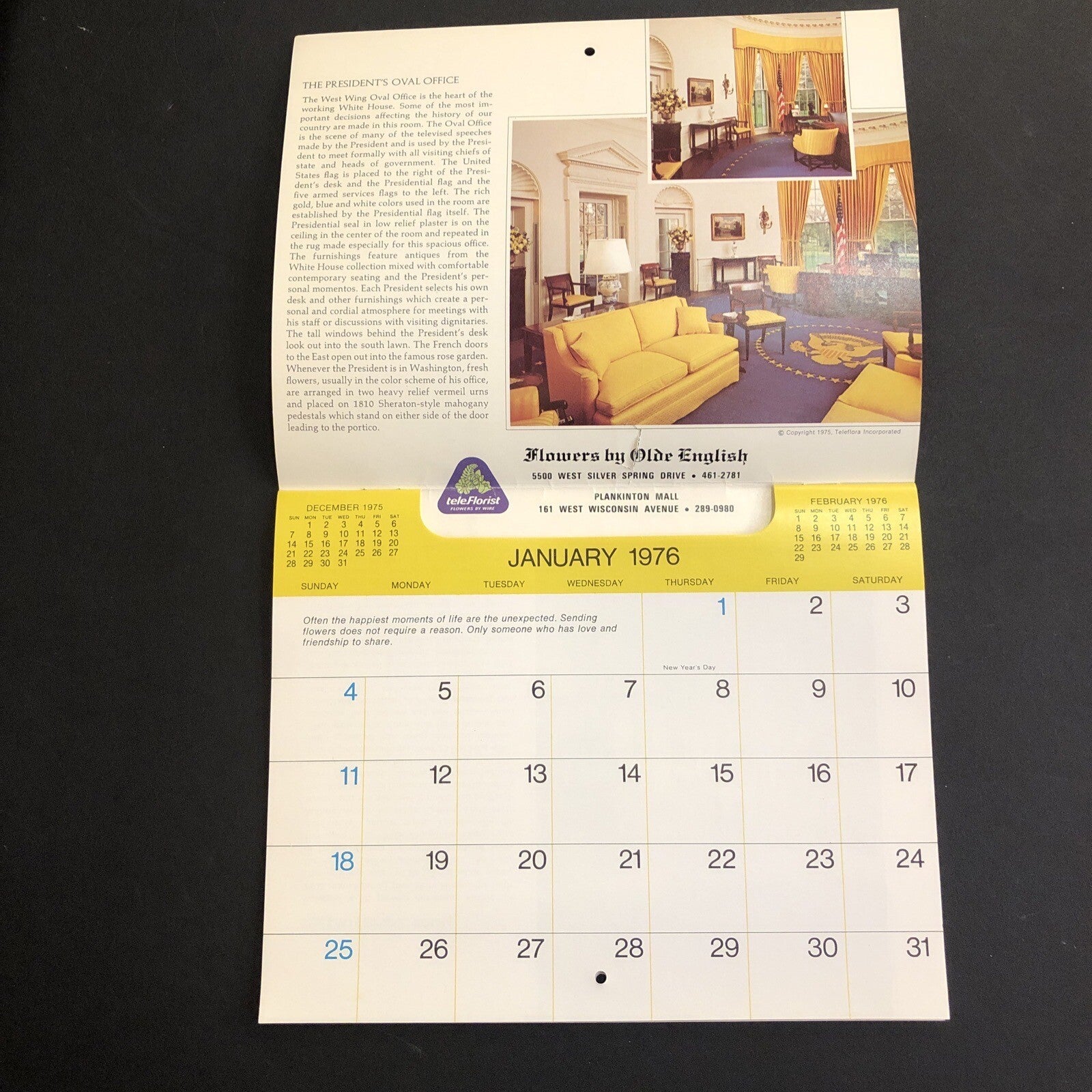 1976 Flowers by Olde English White House Bicentennial Advertising Calendar