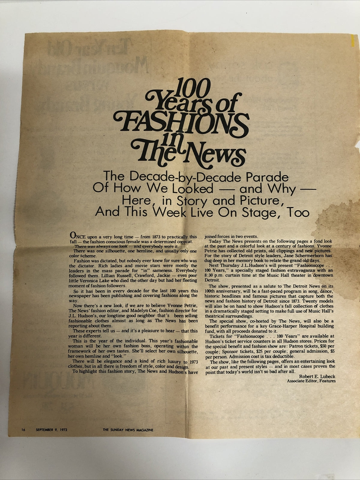 100 Years of Fashions Sunday News Magazine September 9, 1973 Article Newspaper