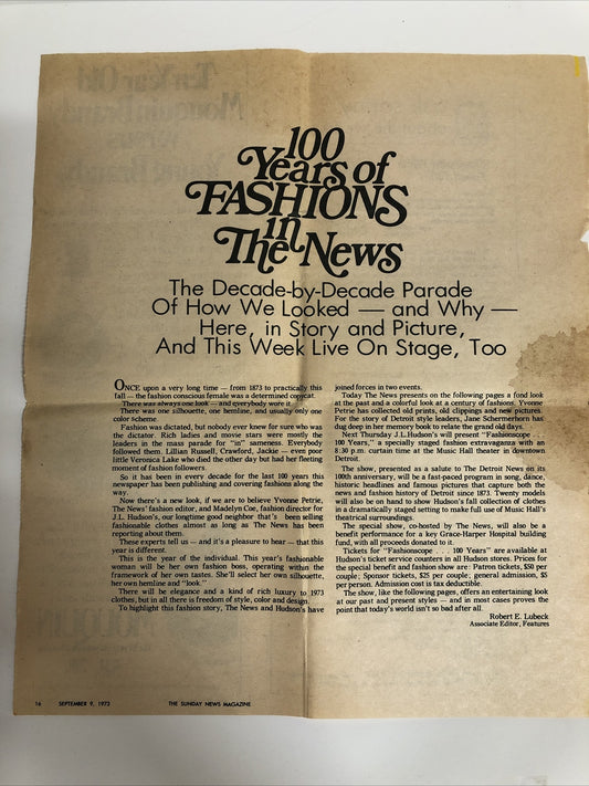 100 Years of Fashions Sunday News Magazine September 9, 1973 Article Newspaper