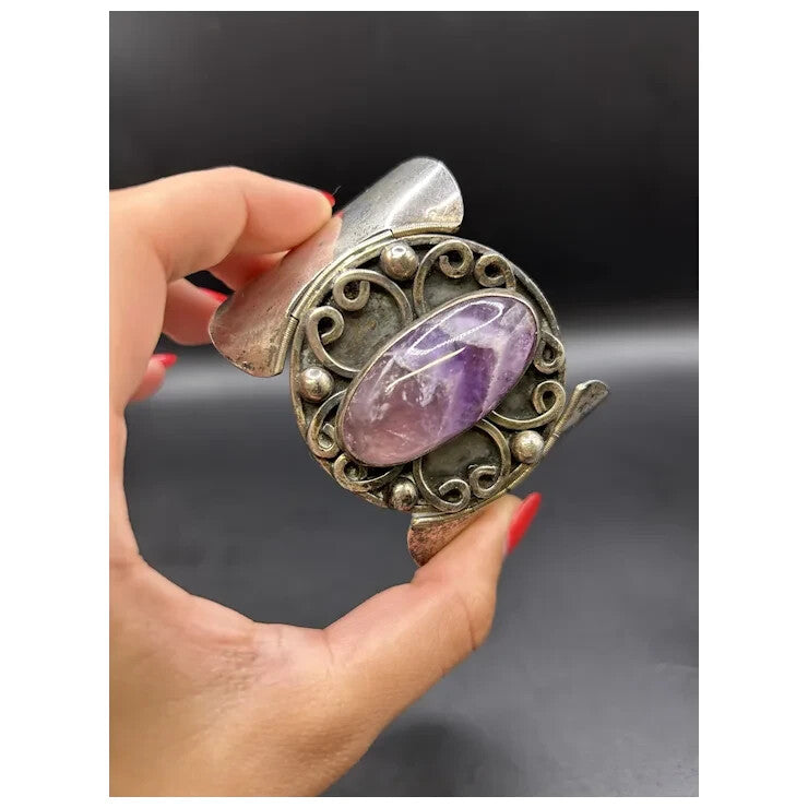 Vintage Hecho Mexico Sterling Silver 925 Amethyst Native Cuff Bracelet