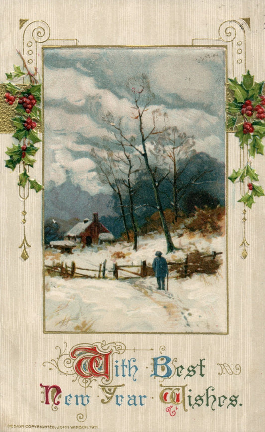 New Year Wishes Winter Holly Snow Scenic Vintage Postcard