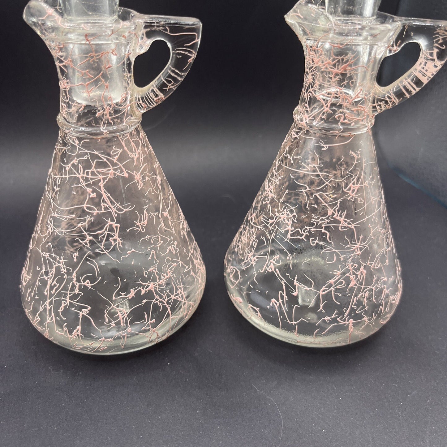 Rare 1950's Heisey Spider Web Pink Oil & Vinegar Bottles
