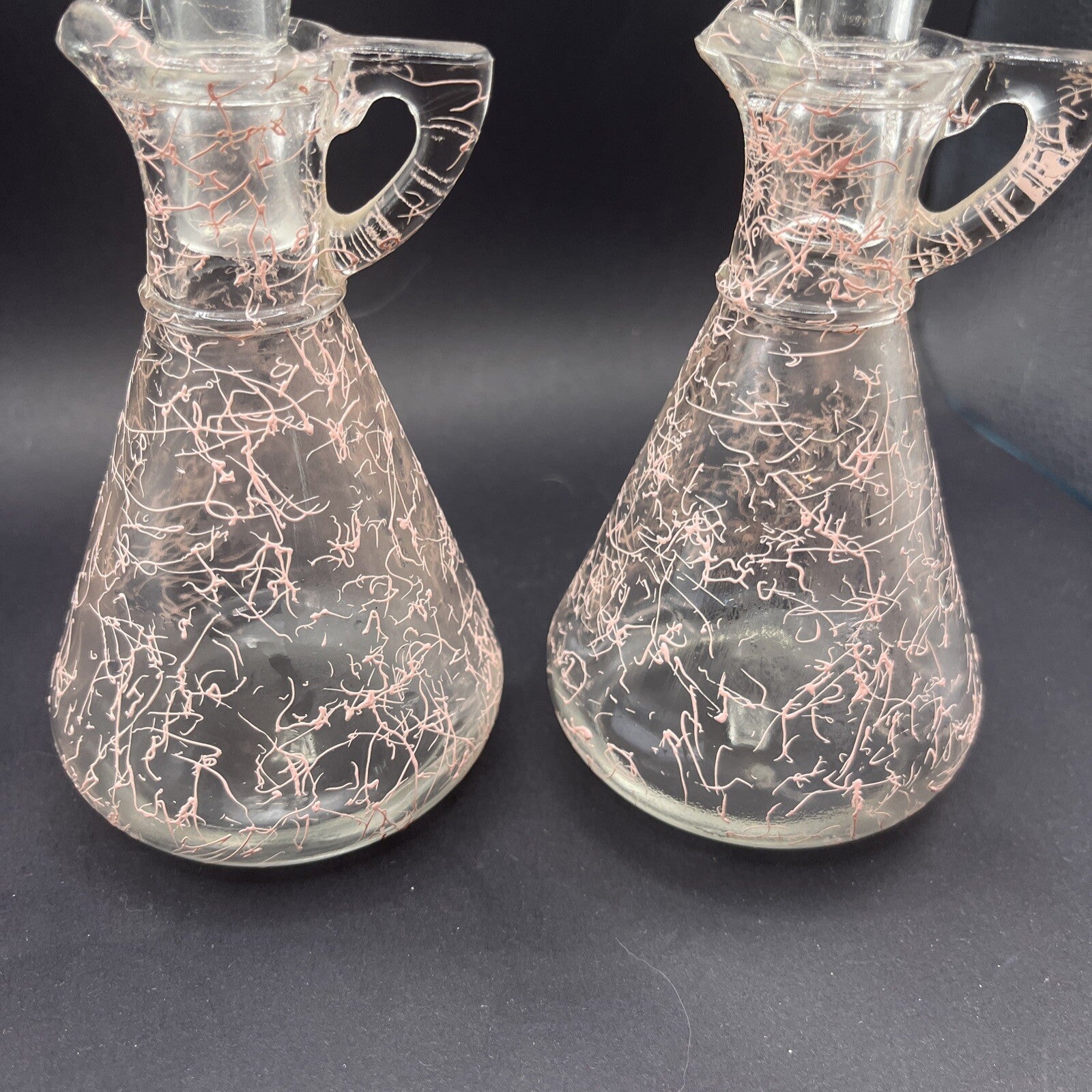 Rare 1950's Heisey Spider Web Pink Oil & Vinegar Bottles