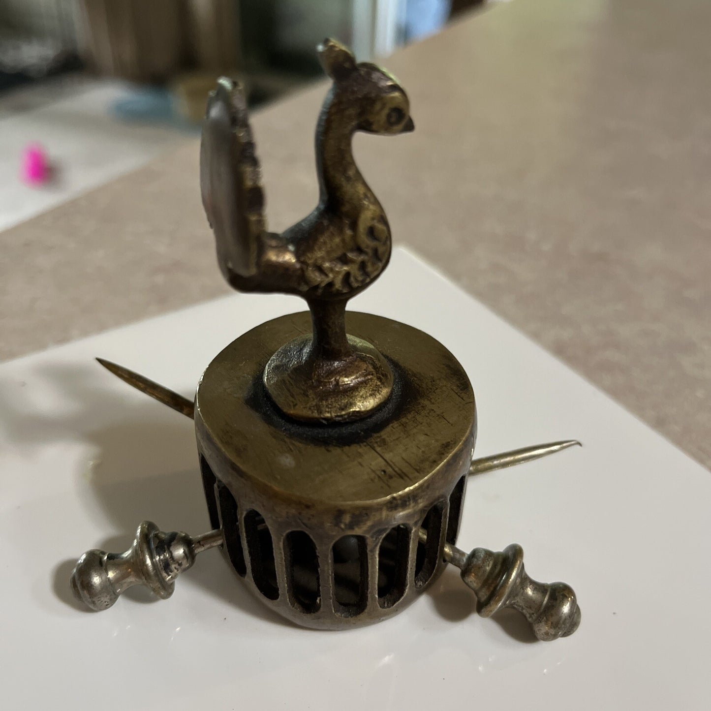 Vintage India Brass Peacock Figure Foot Scrubber 3" Tall x 1-1/2"