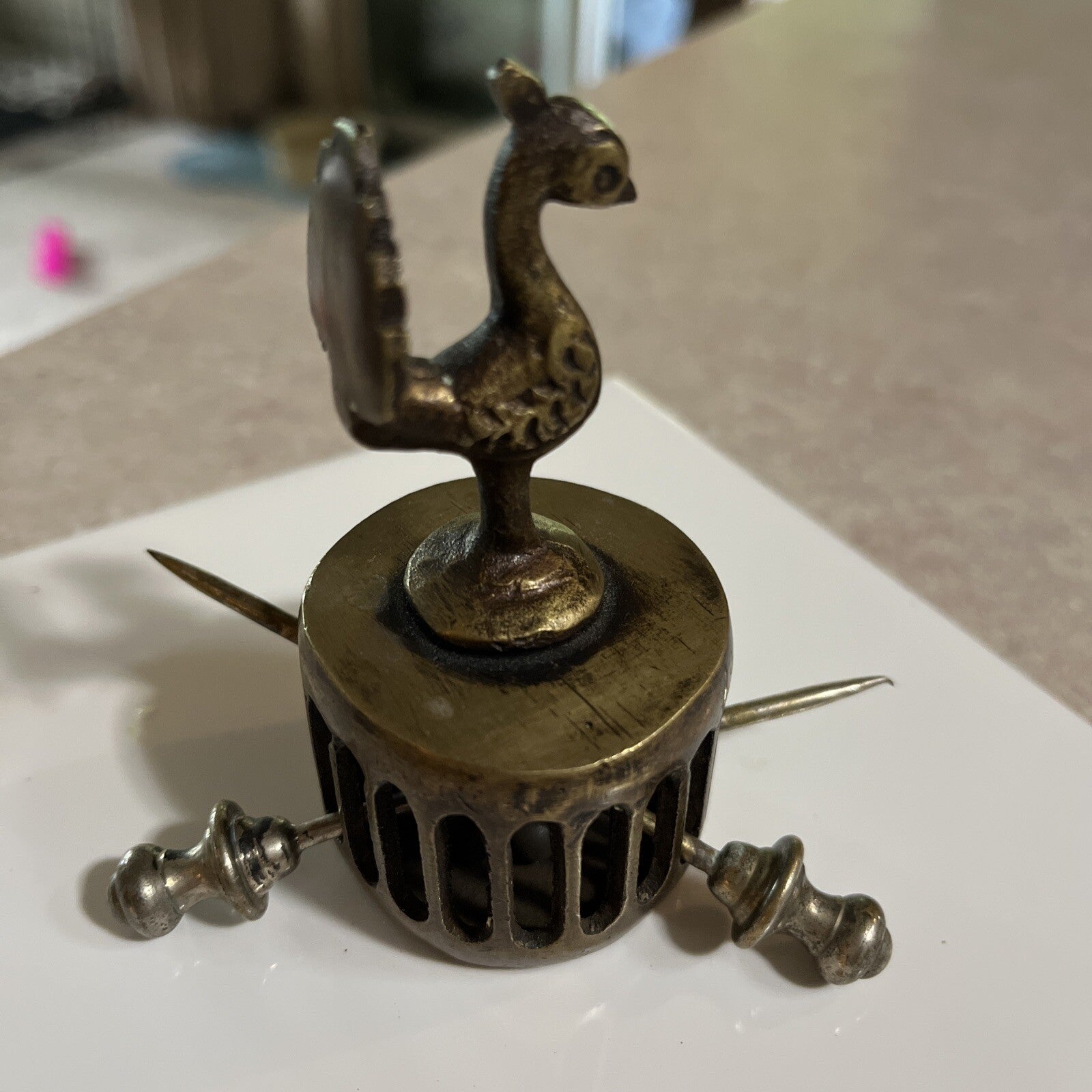 Vintage India Brass Peacock Figure Foot Scrubber 3" Tall x 1-1/2"