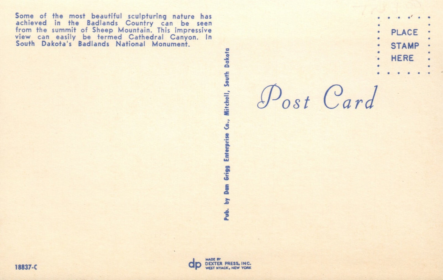 Badlands Country Sheep Mountain Cathedral Canyon South Dakota SD Postcard