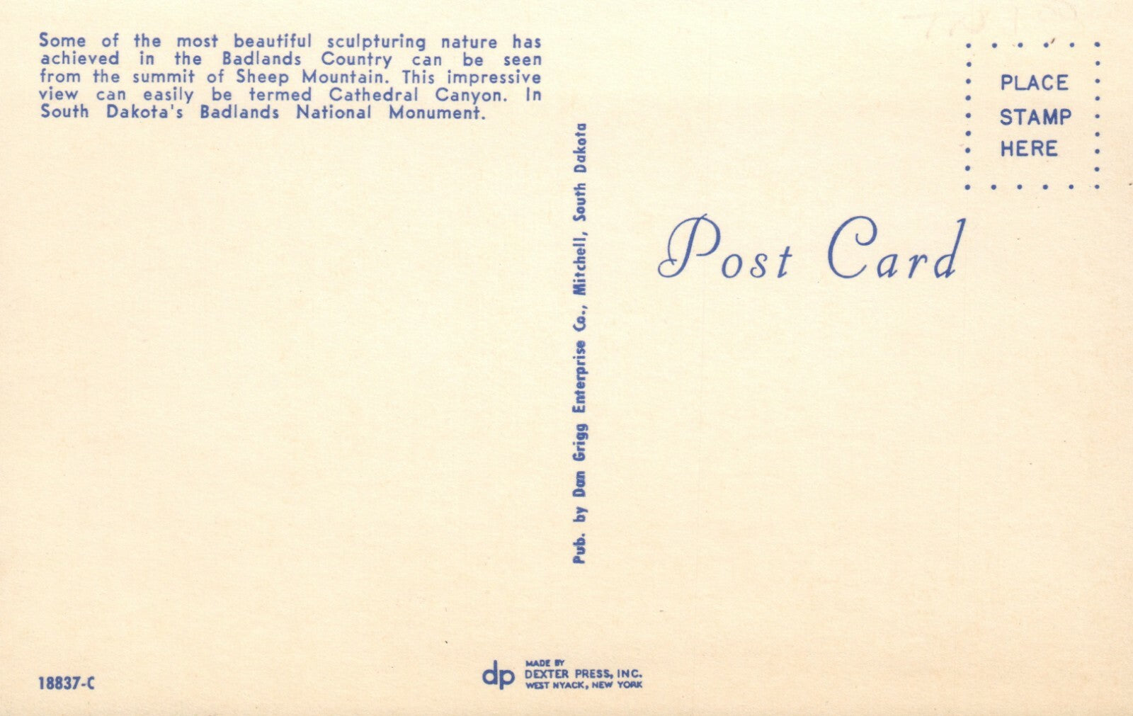 Badlands Country Sheep Mountain Cathedral Canyon South Dakota SD Postcard