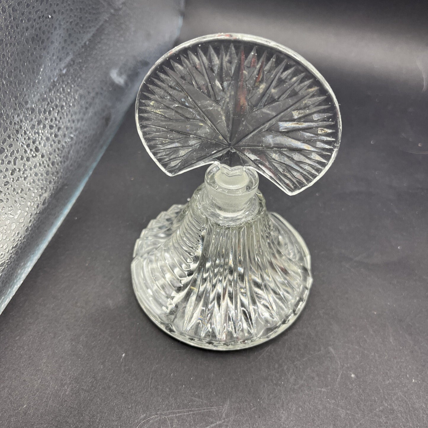 Art Deco Style Pressed Glass Perfume Bottle w/ Fan Star Stopper, Empty, Clear 5"