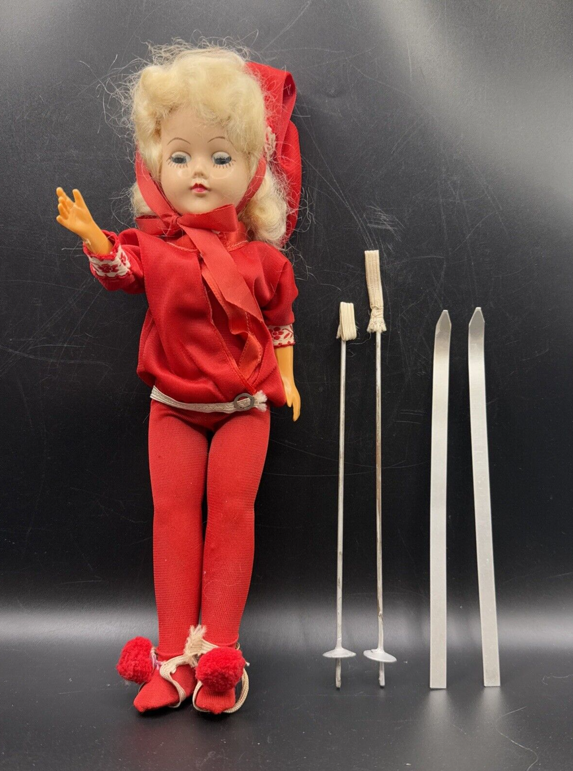Vintage Doll red outfit stocking cap 12" Tall with Skis and polls