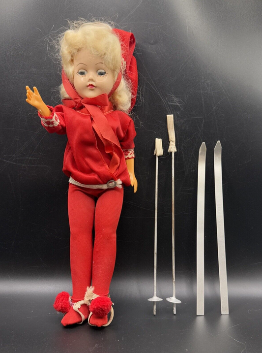 Vintage Doll red outfit stocking cap 12" Tall with Skis and polls