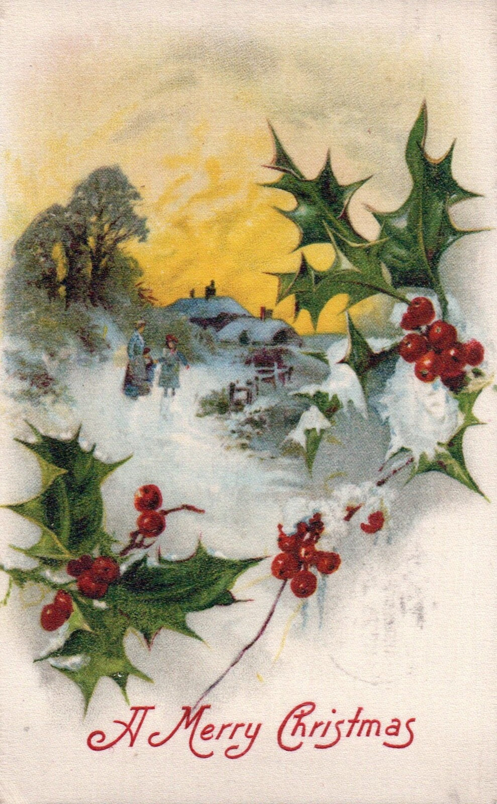 John Winsch Silk A Merry Christmas Sunrise Village with Holly Vintage Postcard