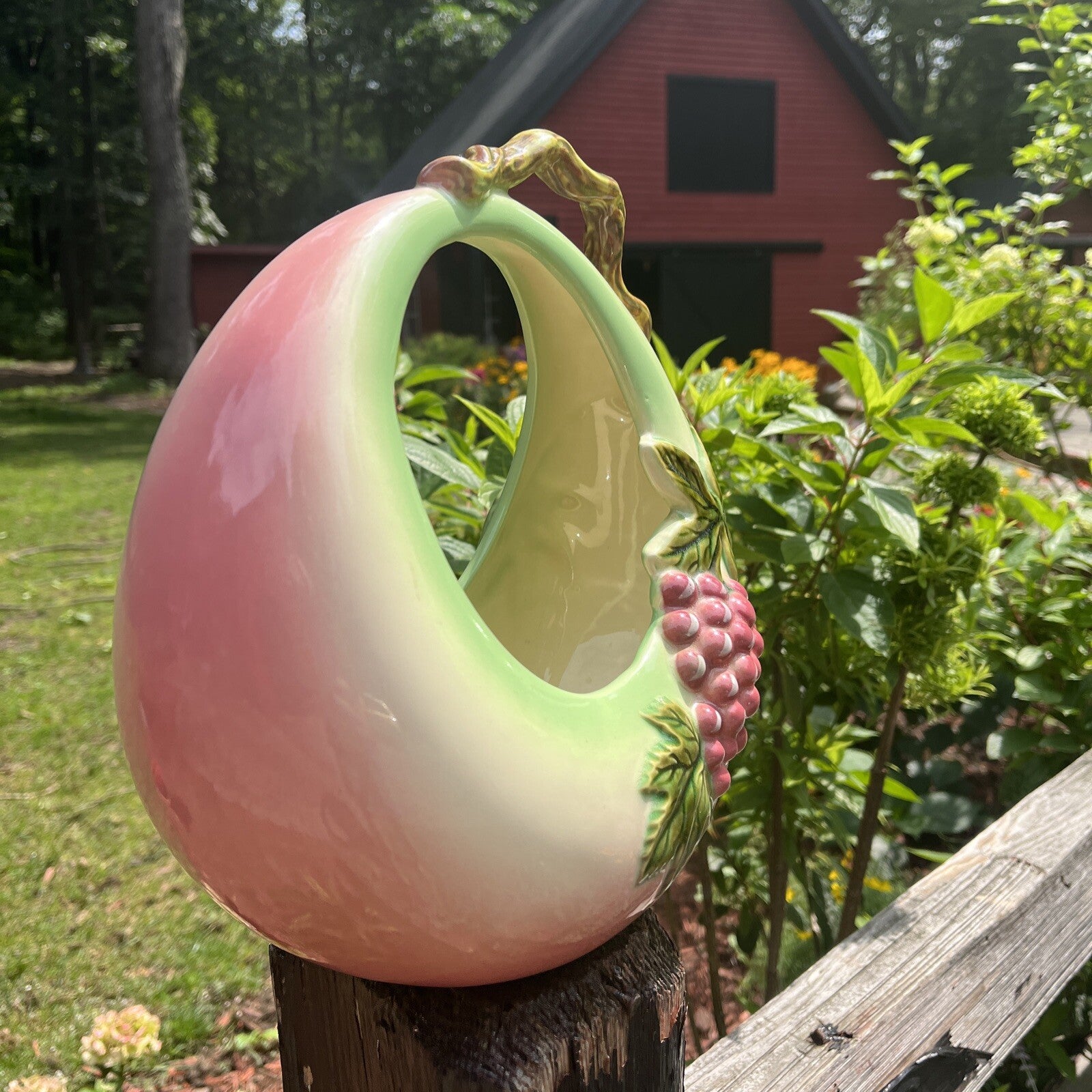 Pottery Tokay Vintage USA  Planter Napkin Fruit Holder Pink Grapes Vine Handle