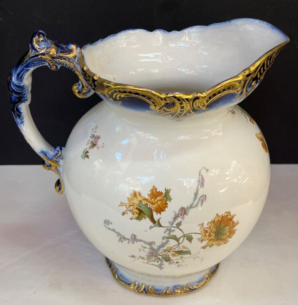 Rare Antique 1800's E. Henderson Floral White Blue & Gold Pitcher