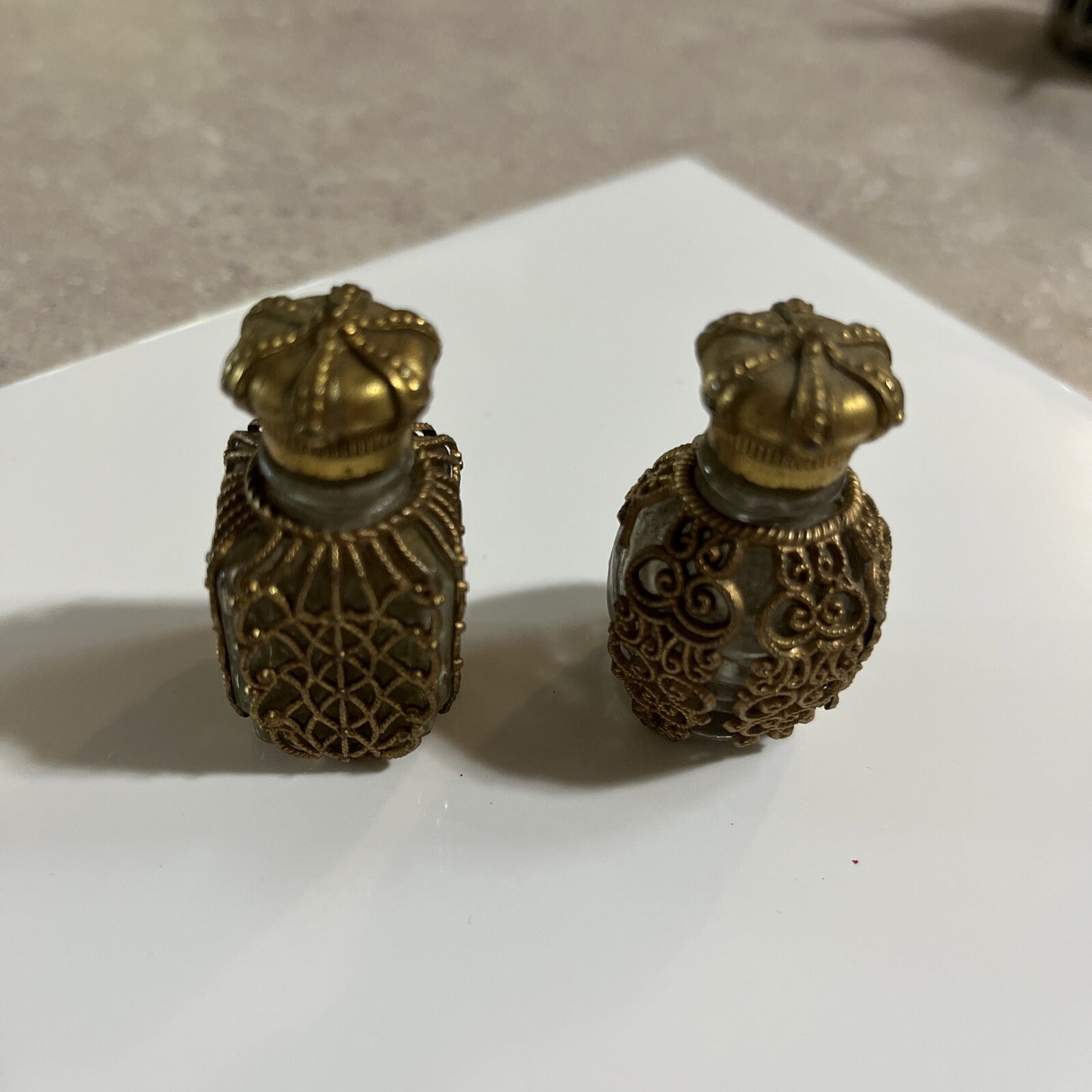 2-Old The Woman I Love Perfume Bottles, Ornate Gold Filigree Floral Crown