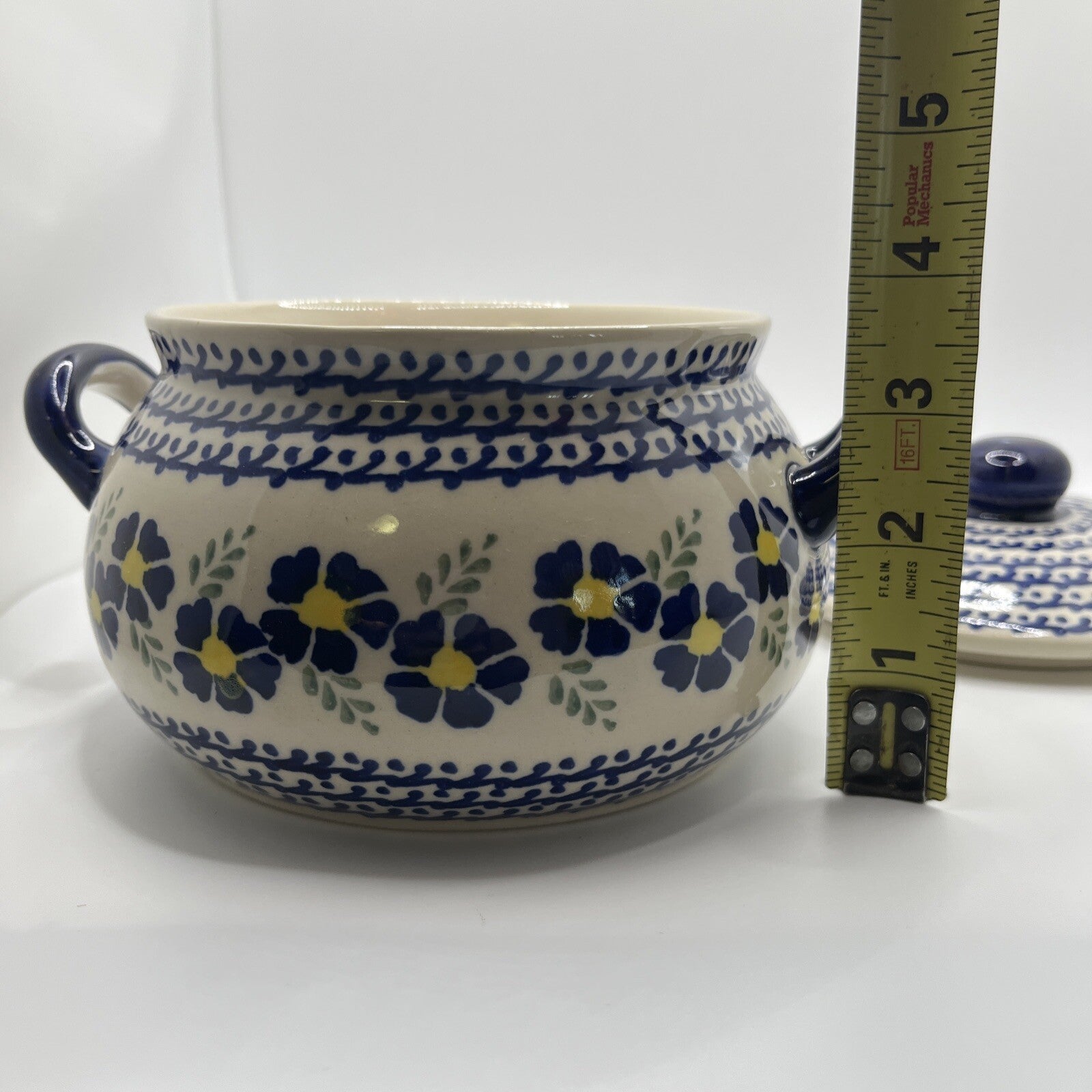Boleslawiec Polish Pottery Floral Pattern Bullion Soup Bowl With Handles & Lid