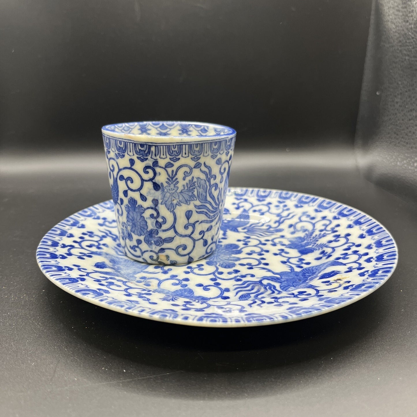Vintage Phoenix Bird Blue & Demitasse Handless Cup & sandwich Plate Set