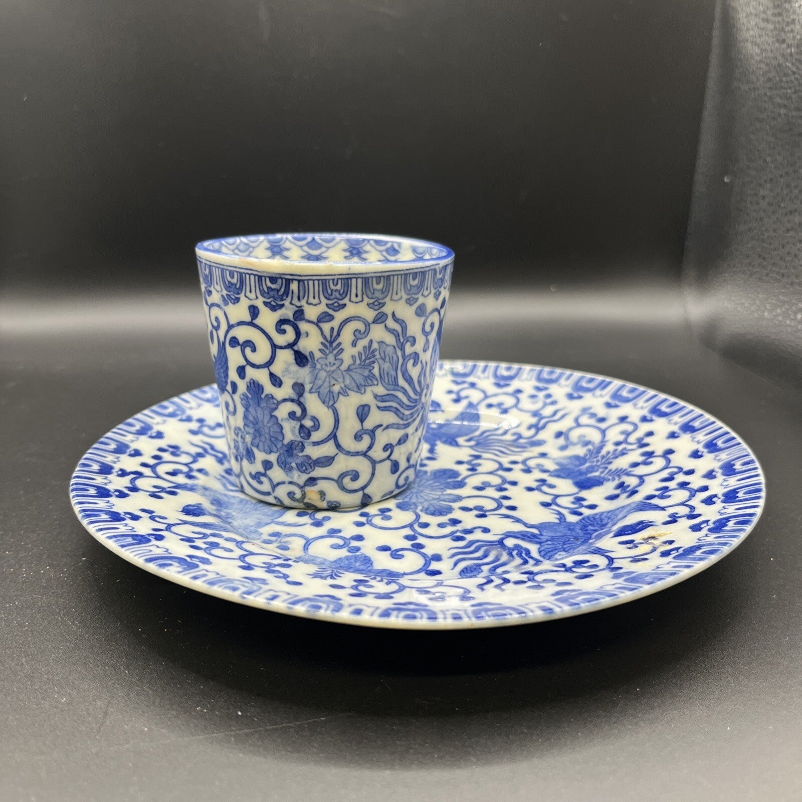 Vintage Phoenix Bird Blue & Demitasse Handless Cup & sandwich Plate Set