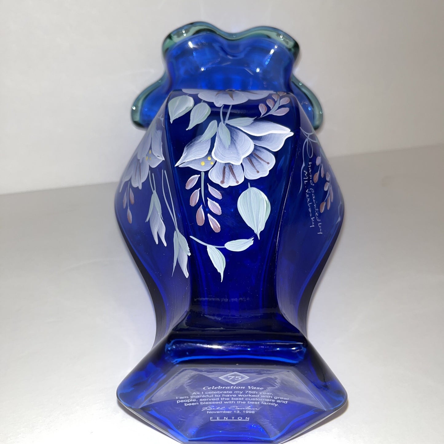 Fenton 75th Anniversary Vase Colbalt Blue Green Crest Hand Painted Signed