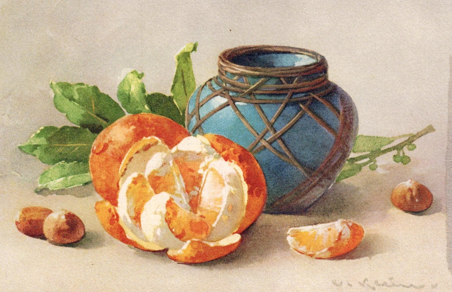 Artist  Signed Catherine Klein Oranges and Blue Vase