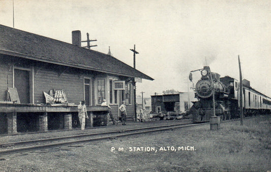 P.M. Station Train Pulling in Vintage Alto Michigan Postcard
