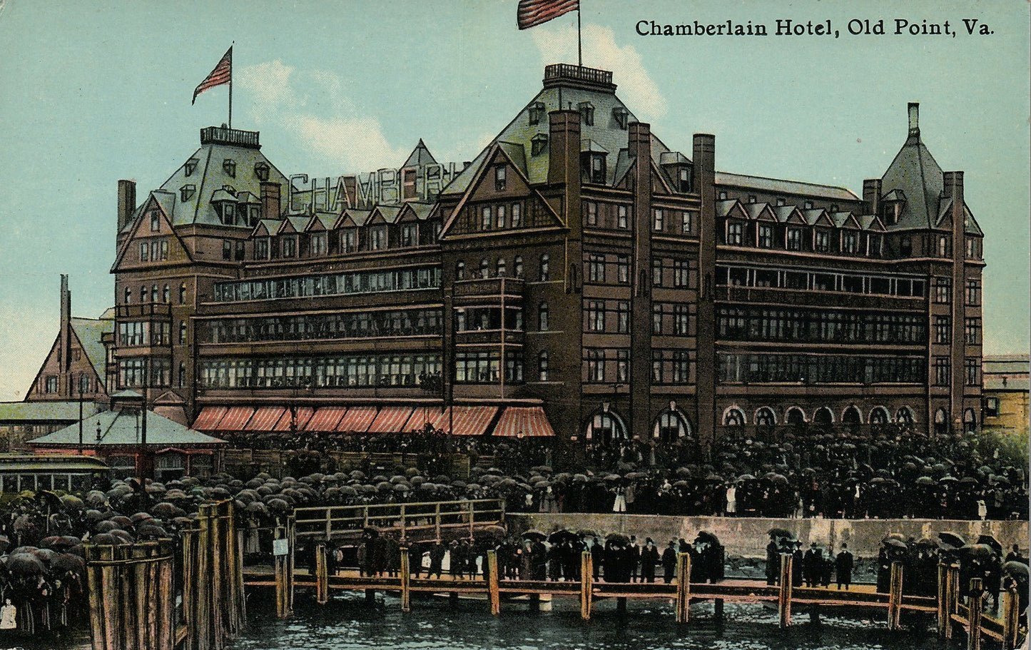 Chamberlain Hotel Old Point VA American Flags Umbrellas Vintage Postcard
