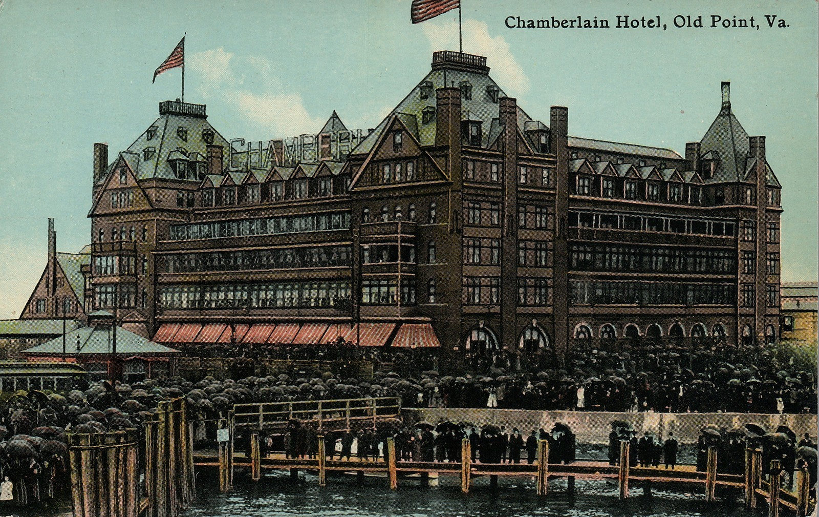 Chamberlain Hotel Old Point VA American Flags Umbrellas Vintage Postcard