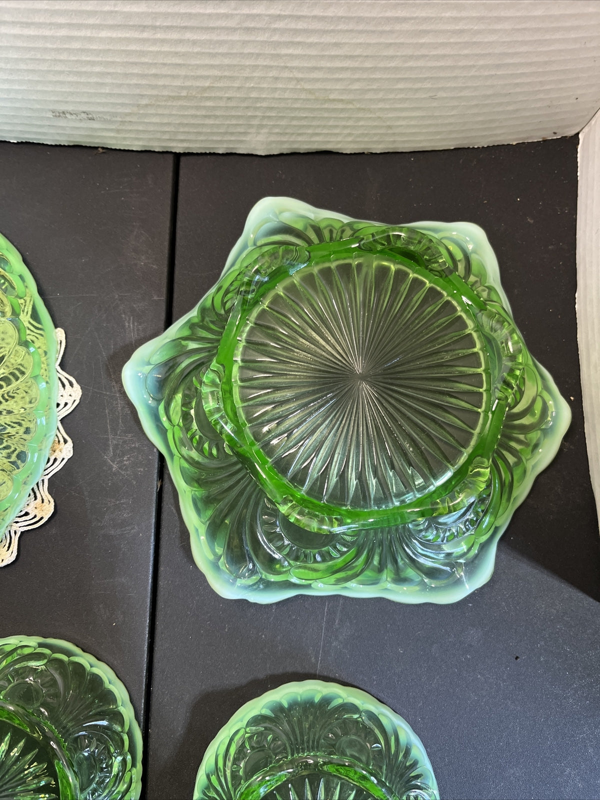 Antique Jefferson Glass 1907 Tokyo Green Opalescent Large, Med & 5 Small Bowls