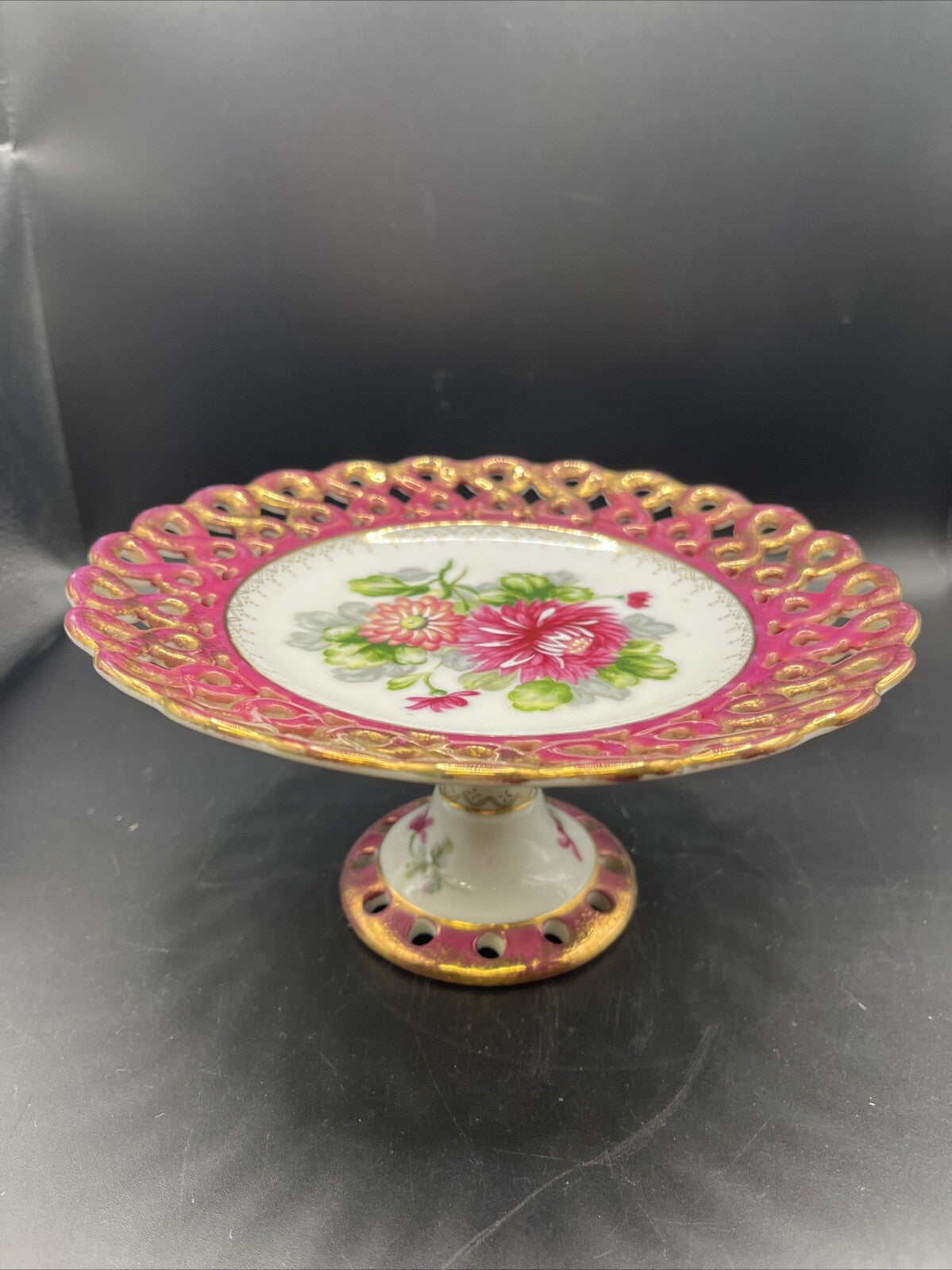 Vintage Pedestal Serving Bowl Floral Design Reticulated 7.5”