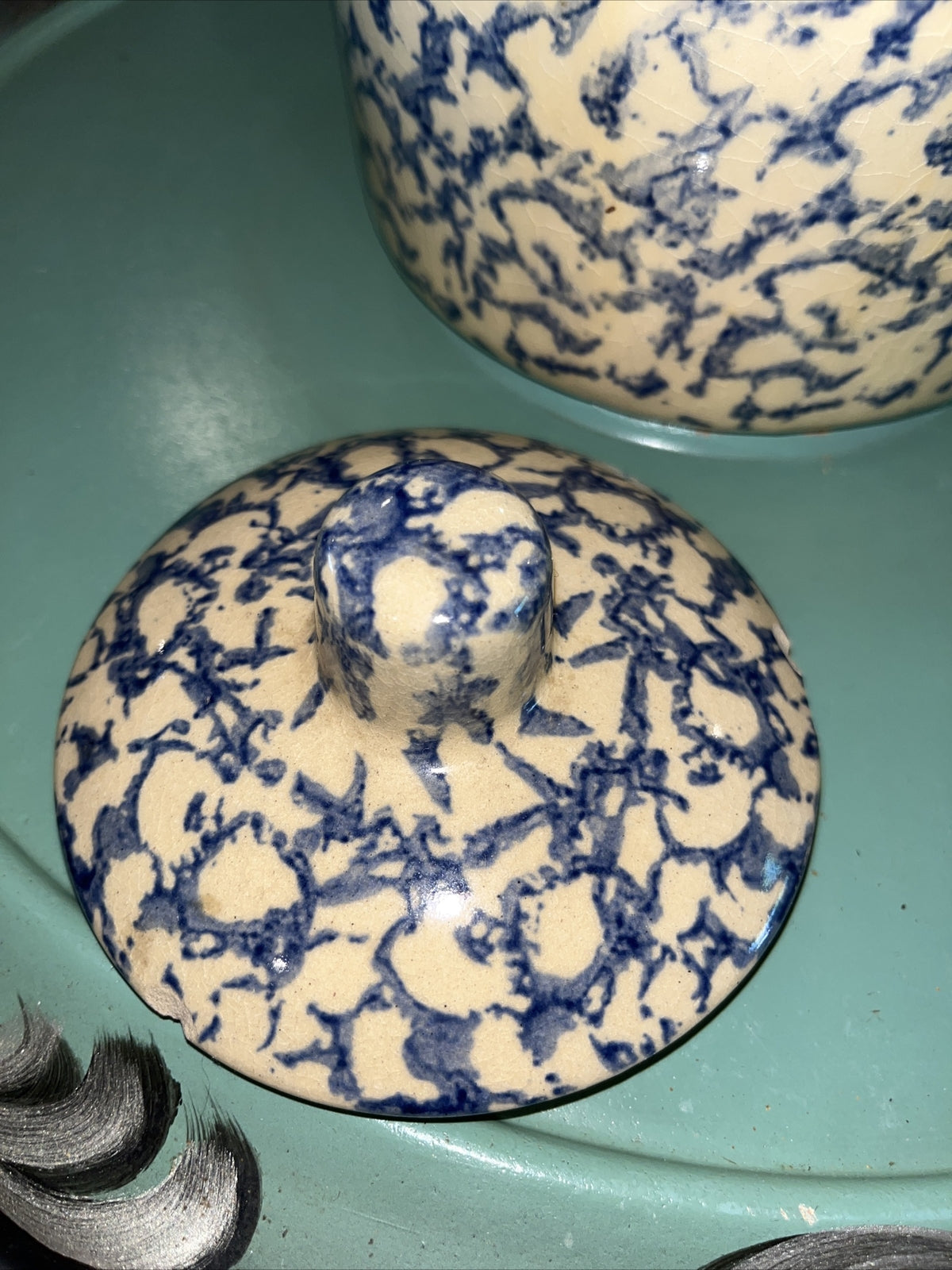 Robinson Ransbottom BLUE Sponge ware 4 Qt  LIDDED CANISTER Roseville USA