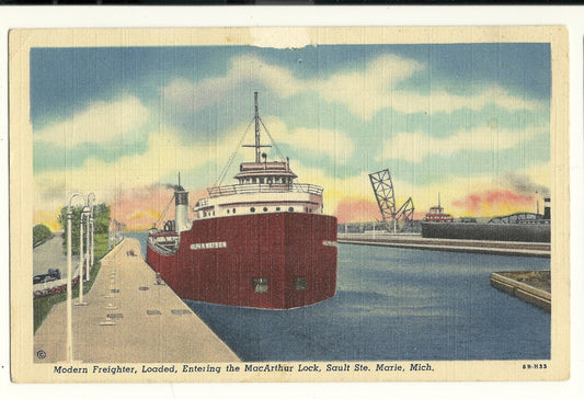 Modern Freighter MacArthur Lock Soo Locks MI Michigan Mich Ship Postcard