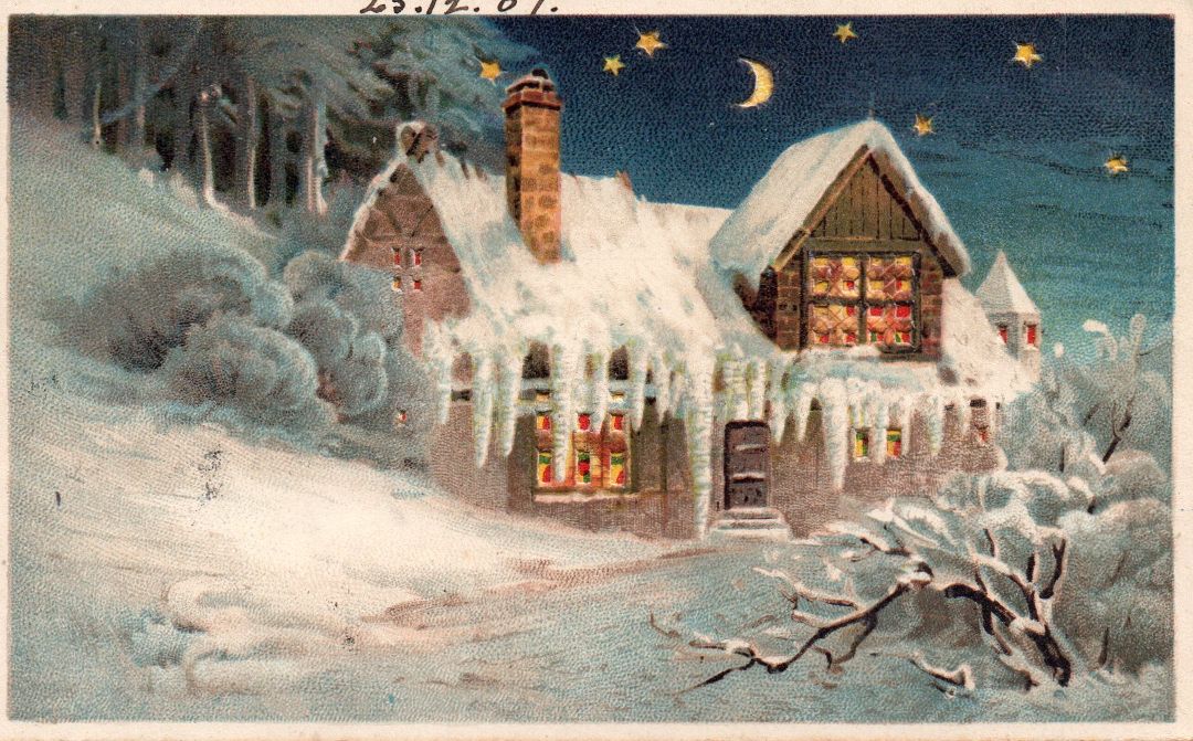 Snow covered Cabin In Woods At Night With Stars HTL Hold to the Light postcard