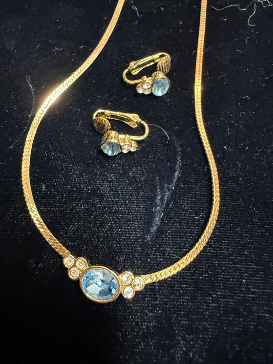 Blue Necklace Clip Earring Set