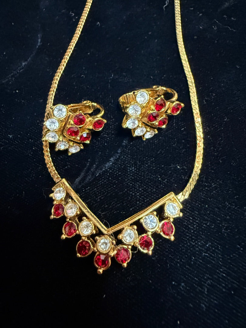Ruby Red Necklace Clip Earring Set with Gold Tone