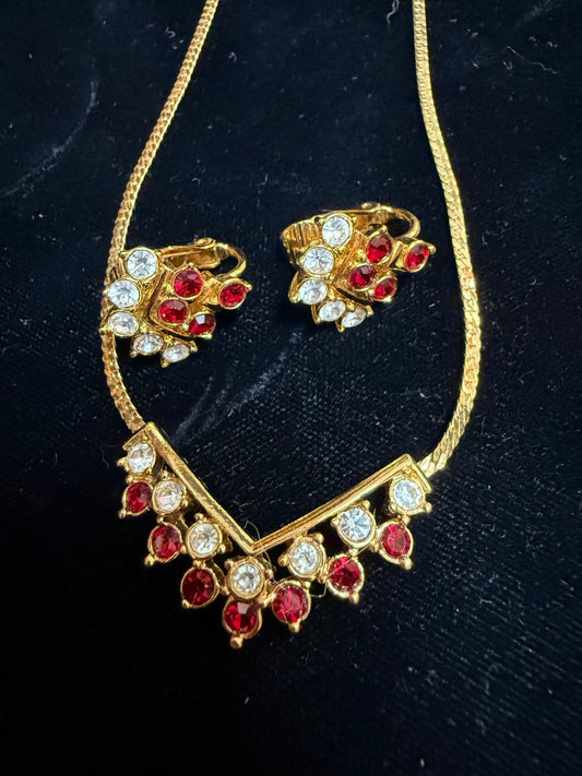 Ruby Red Necklace Clip Earring Set with Gold Tone