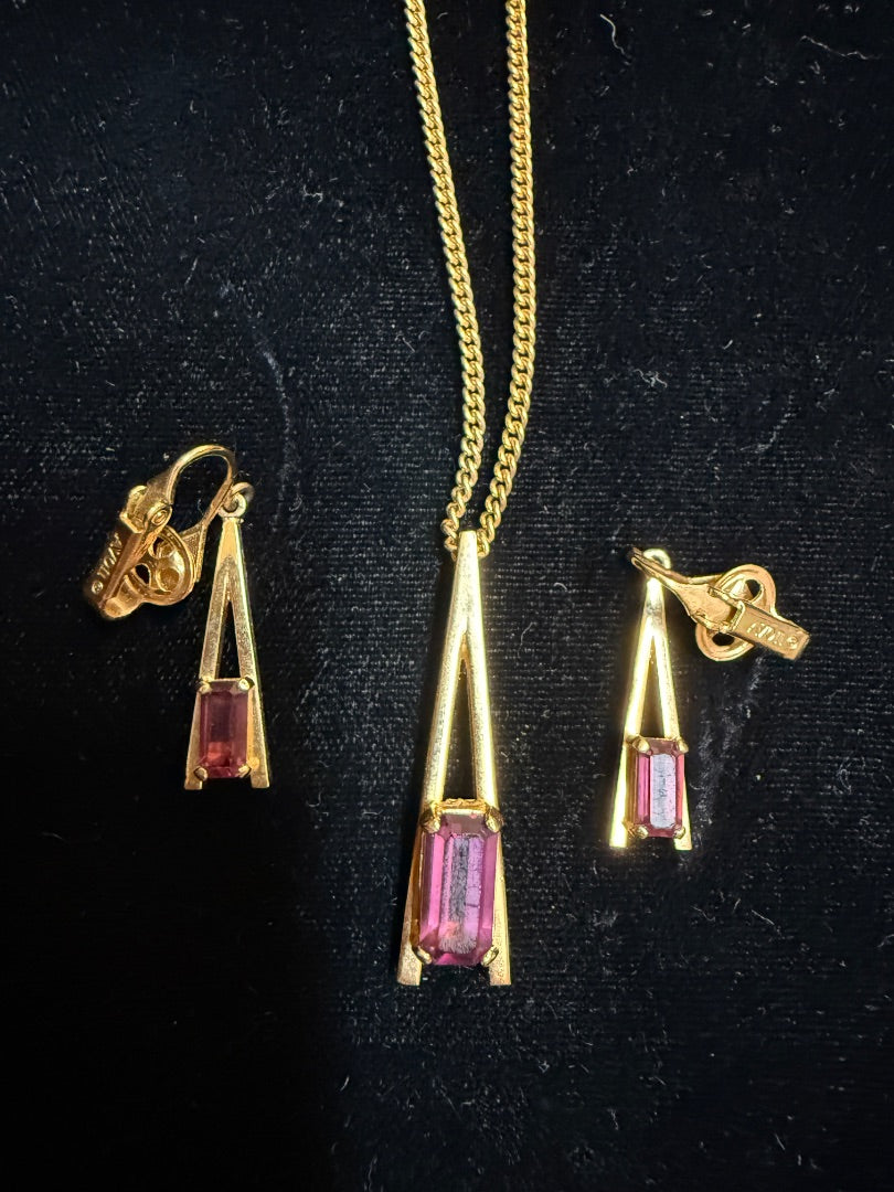 Purple Pendant Necklace Clip Earring Set