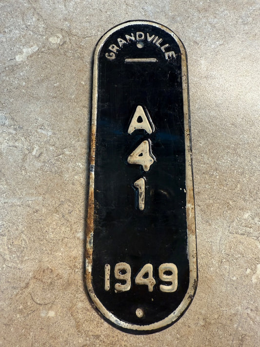 RARE 1949 Antique Vintage Bicycle Bike License Plate Grandville Michigan MI A39